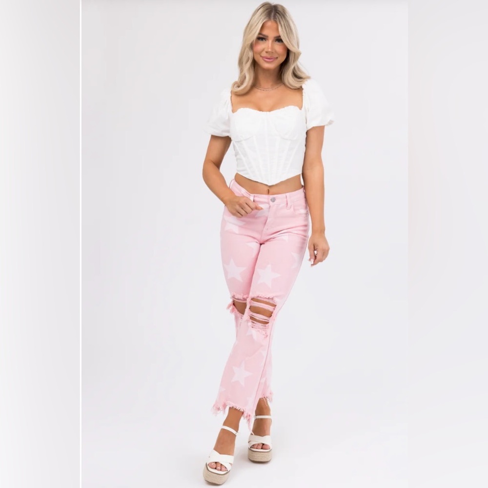 Risen Baby Pink Star Print High Rise Jeans - Picture 5 of 14